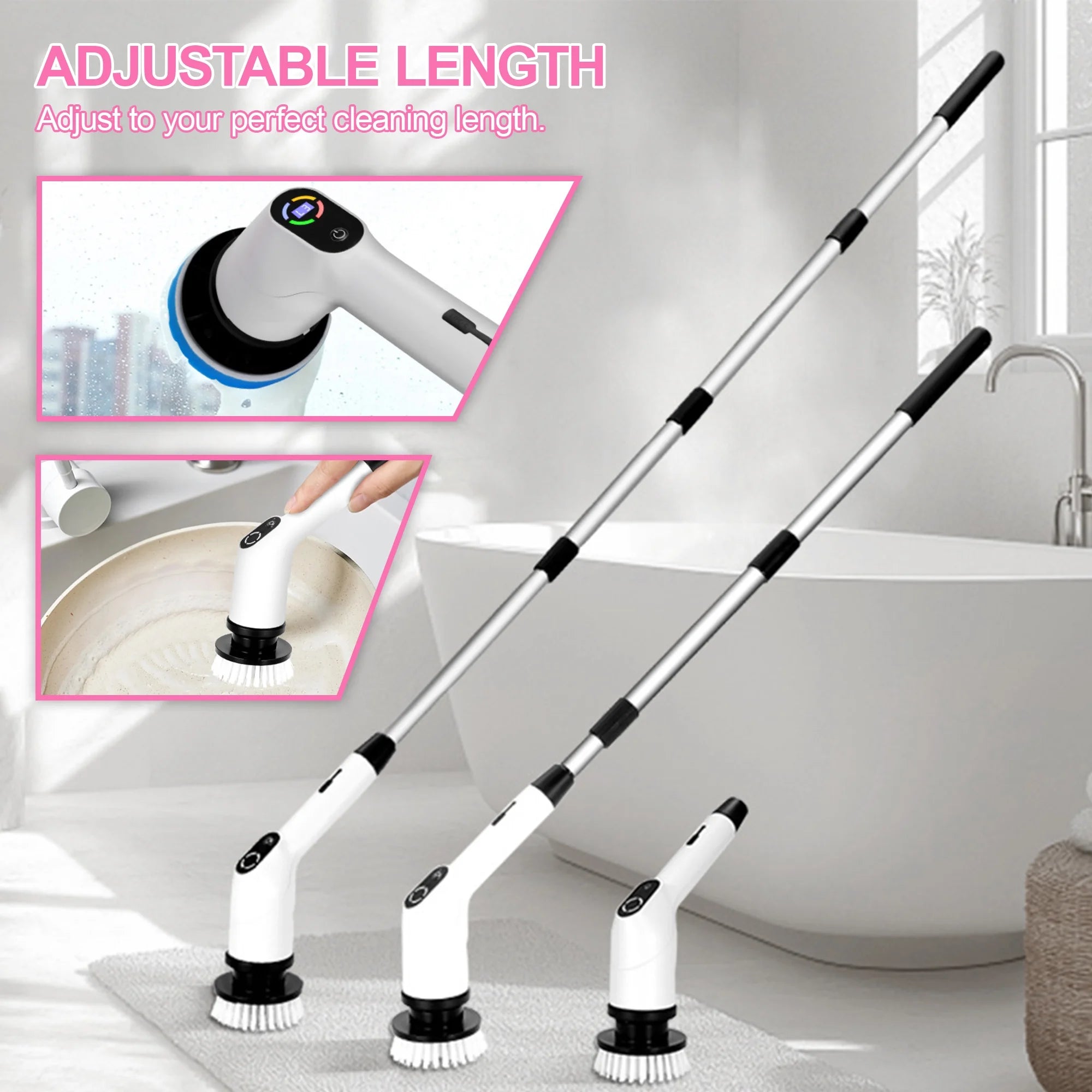 Electric Spin Scrubber,Cordless Cleaning Brush,Shower Cleaning Brush with 8 Replaceable Brush Heads, Power Scrubber 3 Adjustable Speeds,Adjustable & Detachable Long Handle,Voice Broadcast